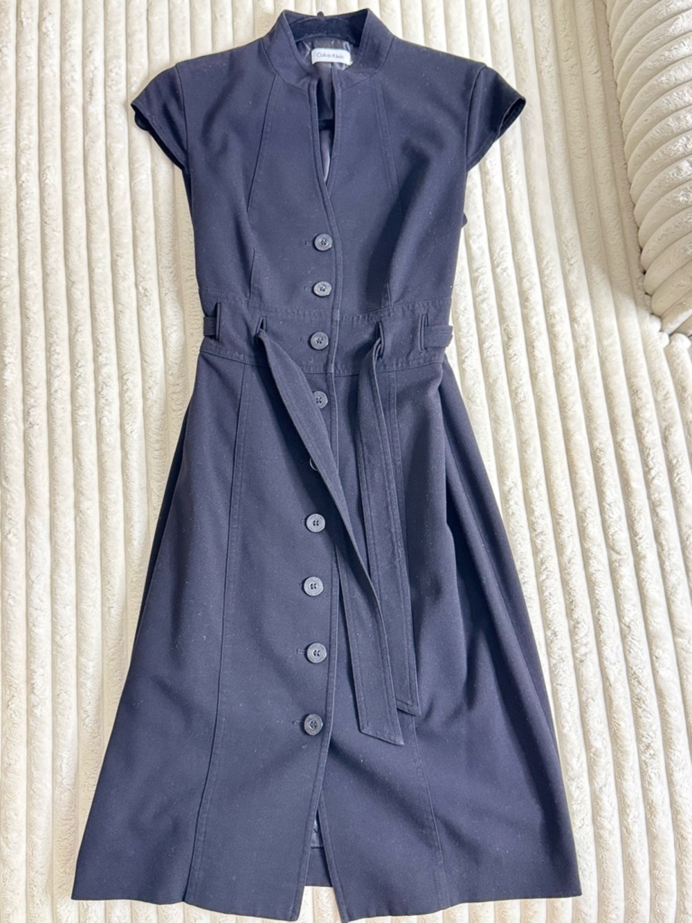 Calvin Klein Navy Button-Front Belted Midi Dress